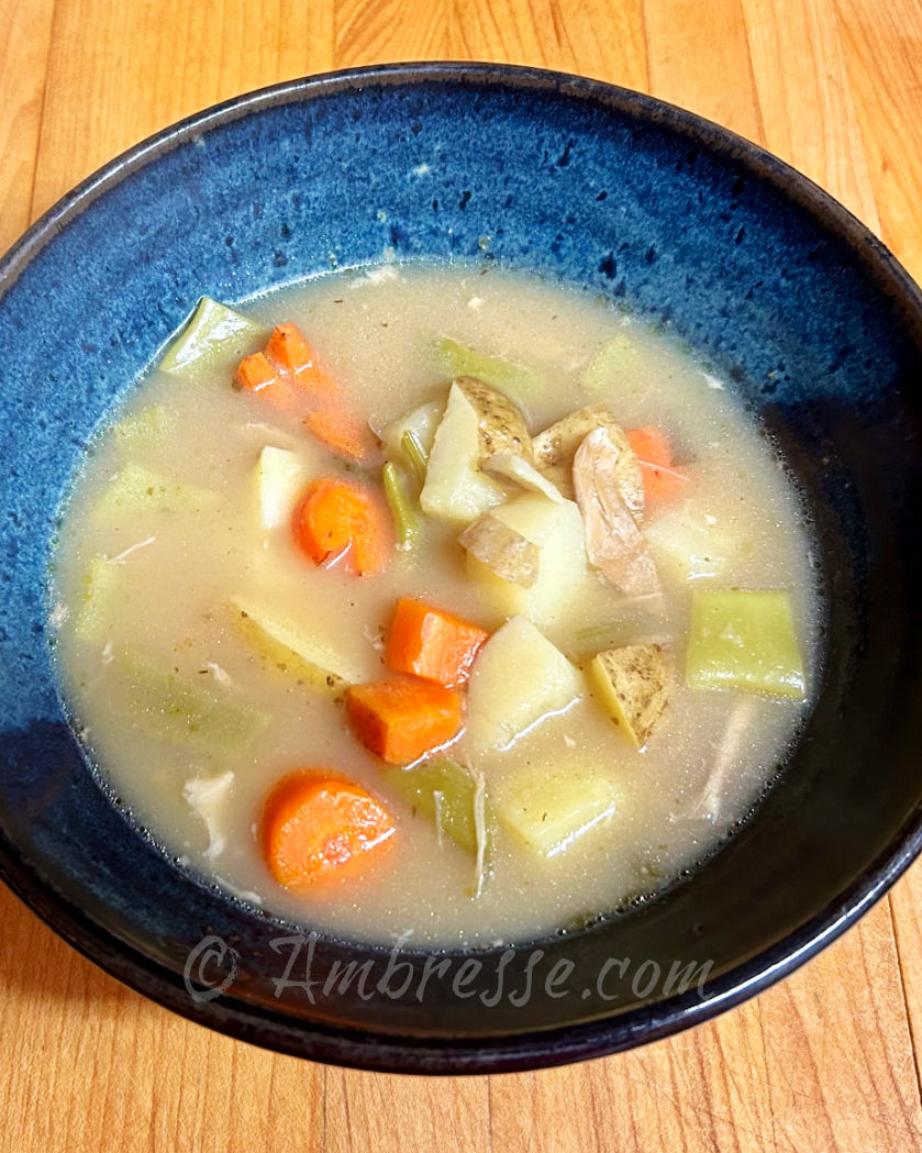 This Bresse Soup had amazing flavor! Prepared with garden-fresh carrots, garlic, potatoes, and green beans. Seasoned with thyme, rosemary and sage. At Ambresse Acres.