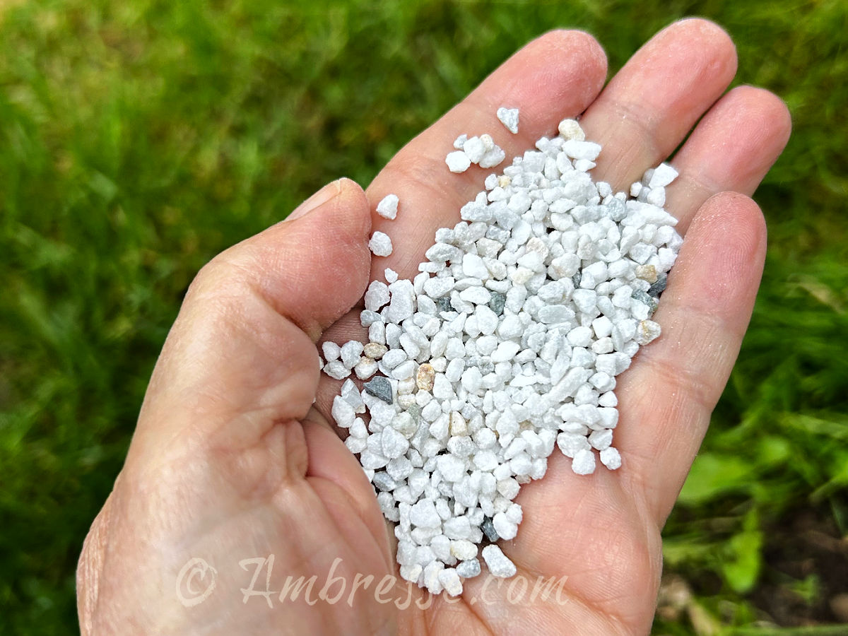 Calcium Carbonate grit sized for hens. It is whiter, and rounder than granite grit.