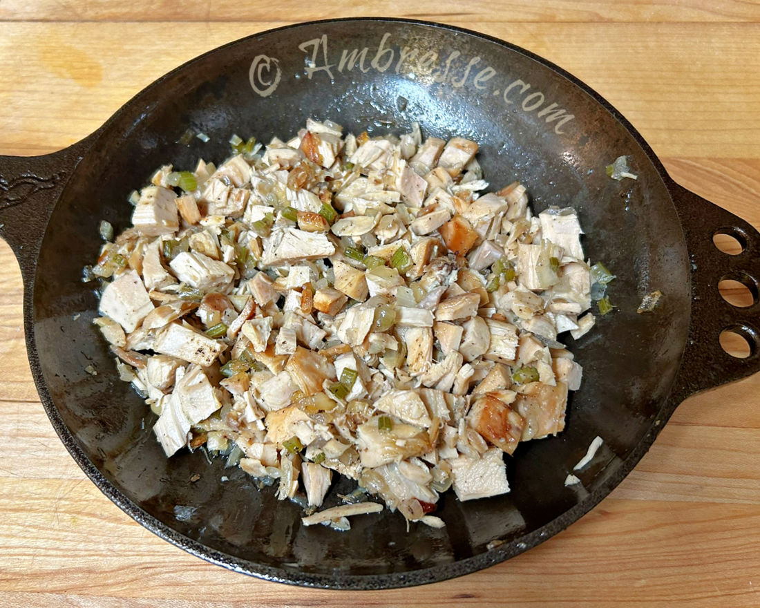 Basic Tuff-to-Tender chopped chicken recipe - sauteed onions and optional celery in schmaltz, with chopped and seasoned chicken (9858).