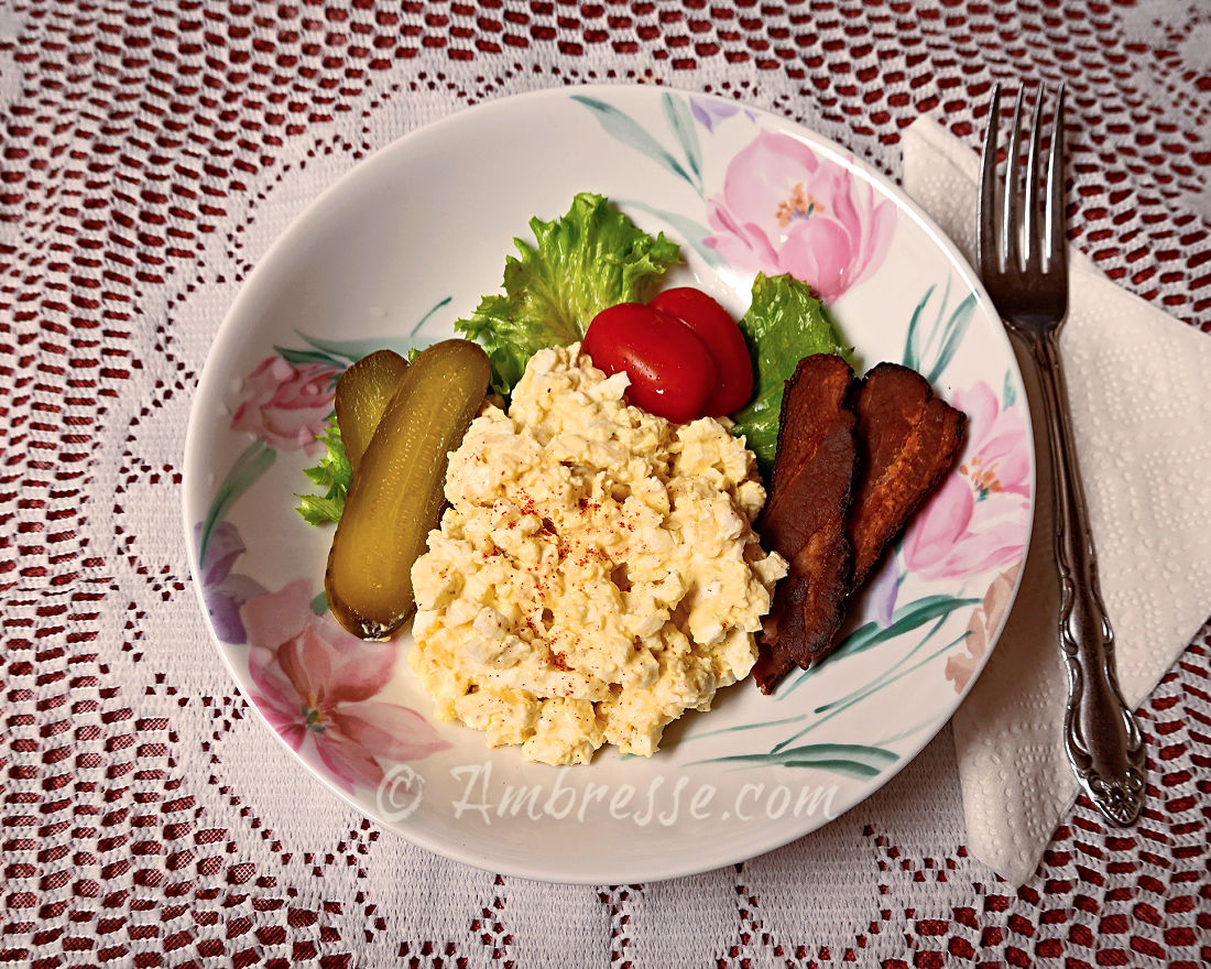 Delicious egg salad, prepared using six-month-old water glassed eggs. no need for "pretty" when the eggs have been mashed!